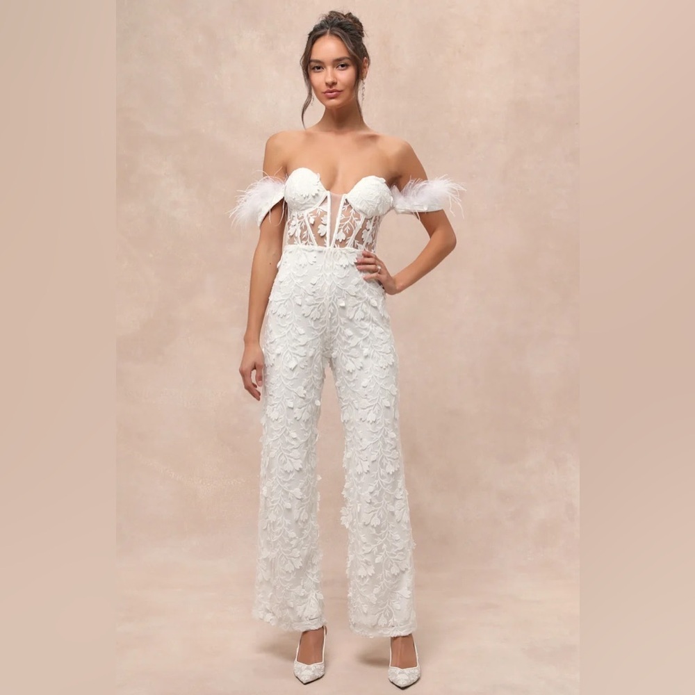 Lulus Midnight Sparkle White Mesh Embroidered Feather Bustier Jumpsuit